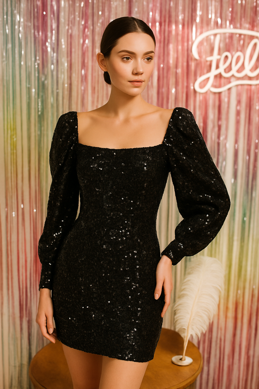 Francesca's NWT Joann Sequin Long Sleeve Velvet Dress, Black, Size Large, New