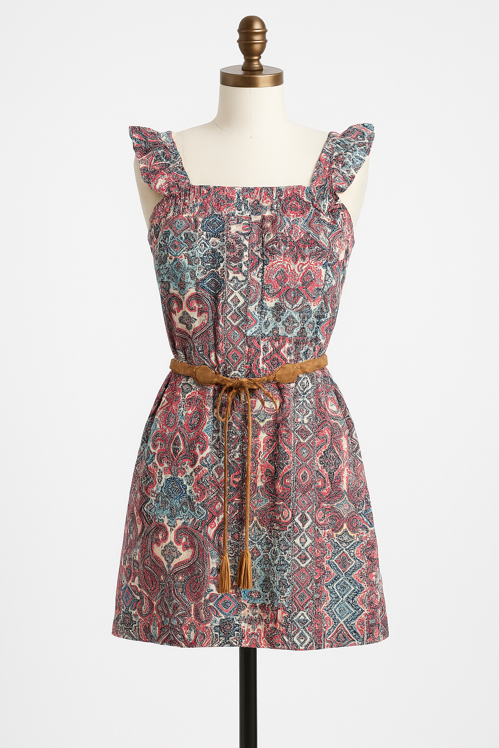 Boho Ruffle Sleeve Paisley Print Dress with Braided Belt, Size M, Pre-Owned