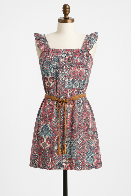 Boho Ruffle Sleeve Paisley Print Dress with Braided Belt, Size M, Pre-Owned