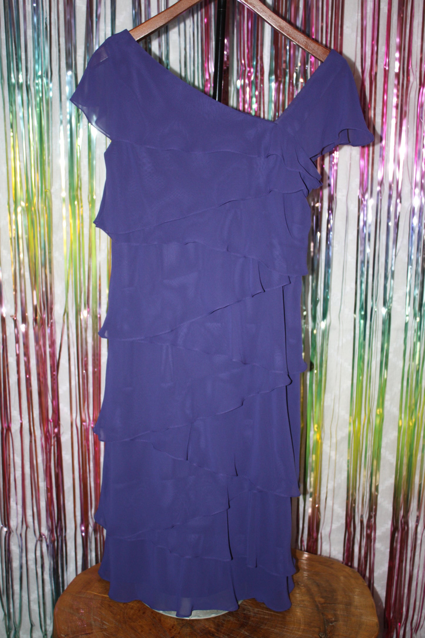 D'Albert Purple Ruffle Tiered Cocktail Dress, One-Shoulder, Size 6, Pre-Owned