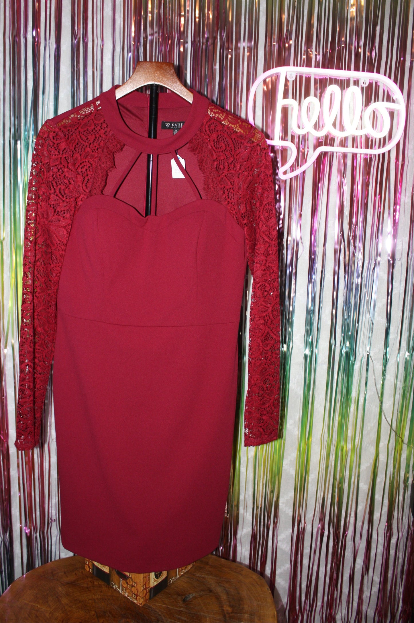 Guess Long Sleeve Lace Sweetheart Sheath Dress, Women's, Burgundy, Size 12, Pre-Owned