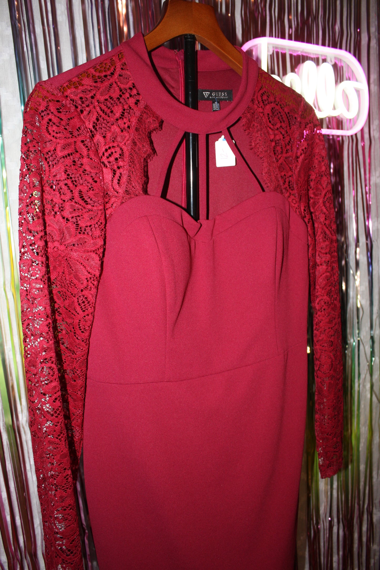 Guess Long Sleeve Lace Sweetheart Sheath Dress, Women's, Burgundy, Size 12, Pre-Owned