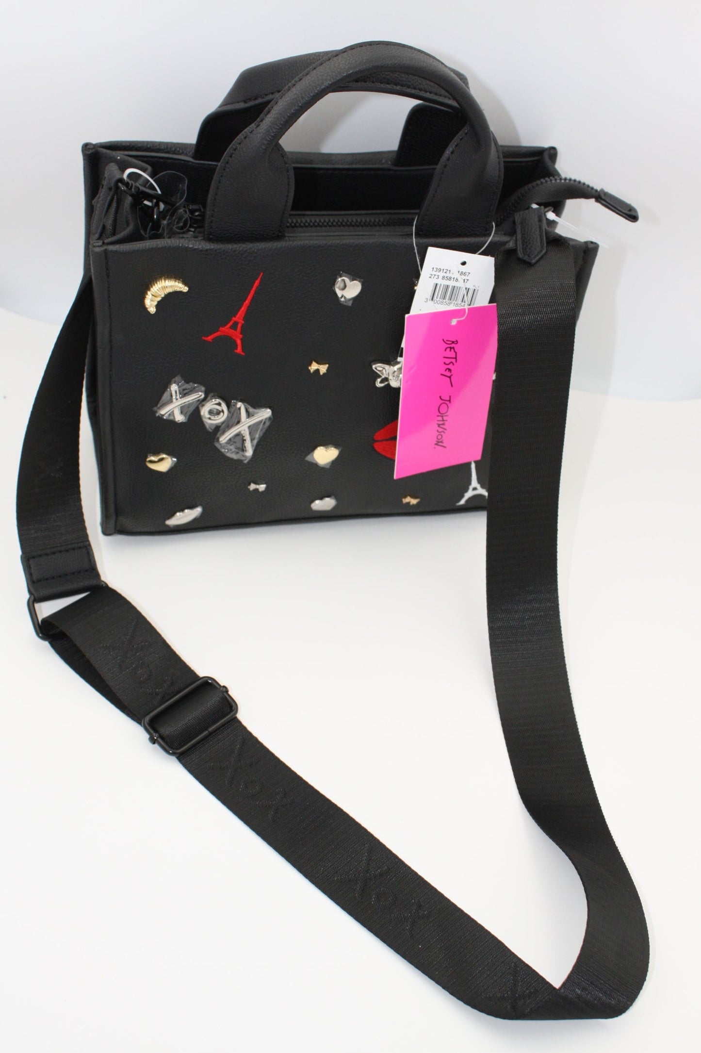 Betsey Johnson Xonora Embossed Charm Tote, Paris Theme, Eiffel tower– Black, New