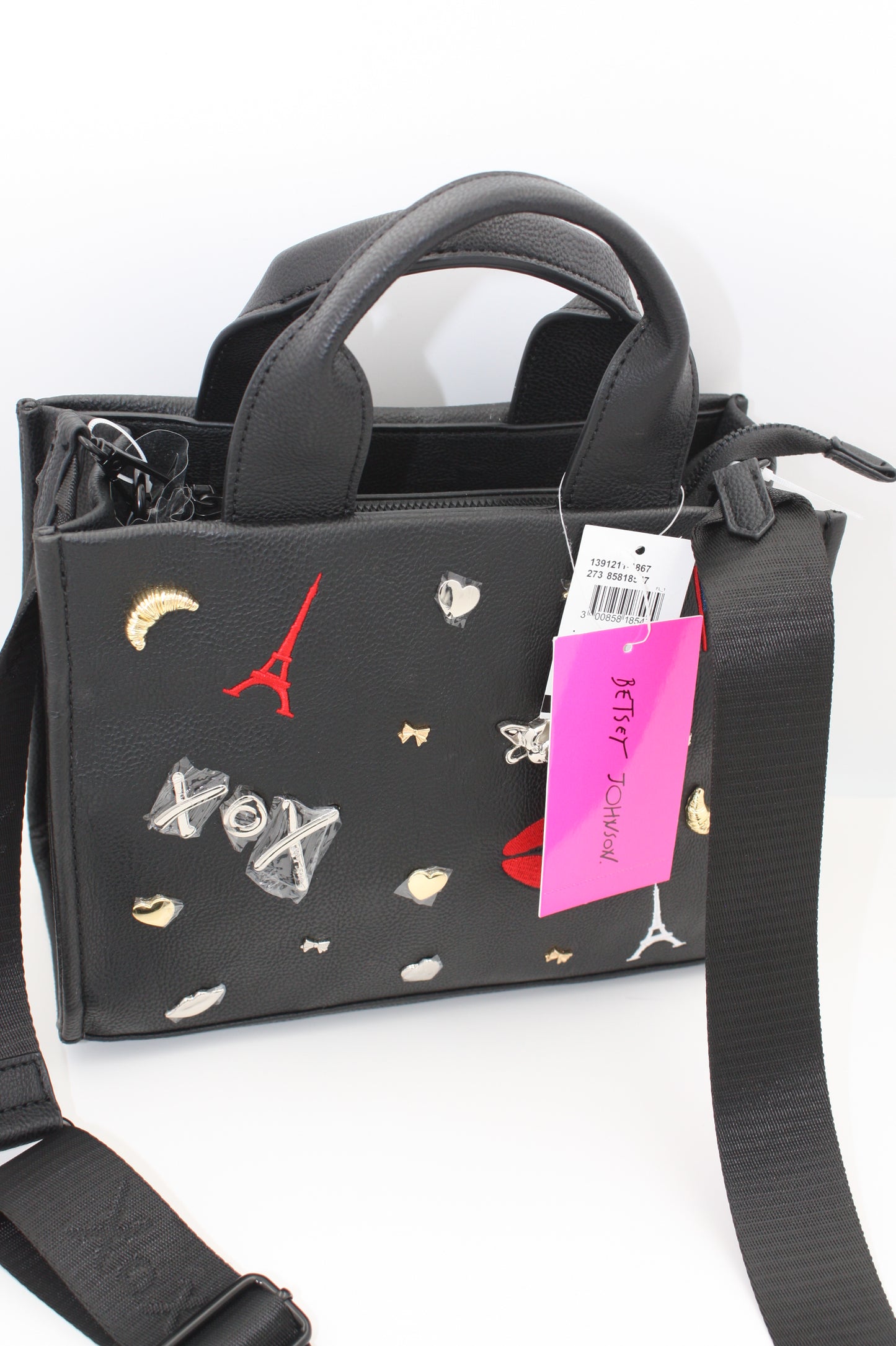 Betsey Johnson Xonora Embossed Charm Tote, Paris Theme, Eiffel tower– Black, New