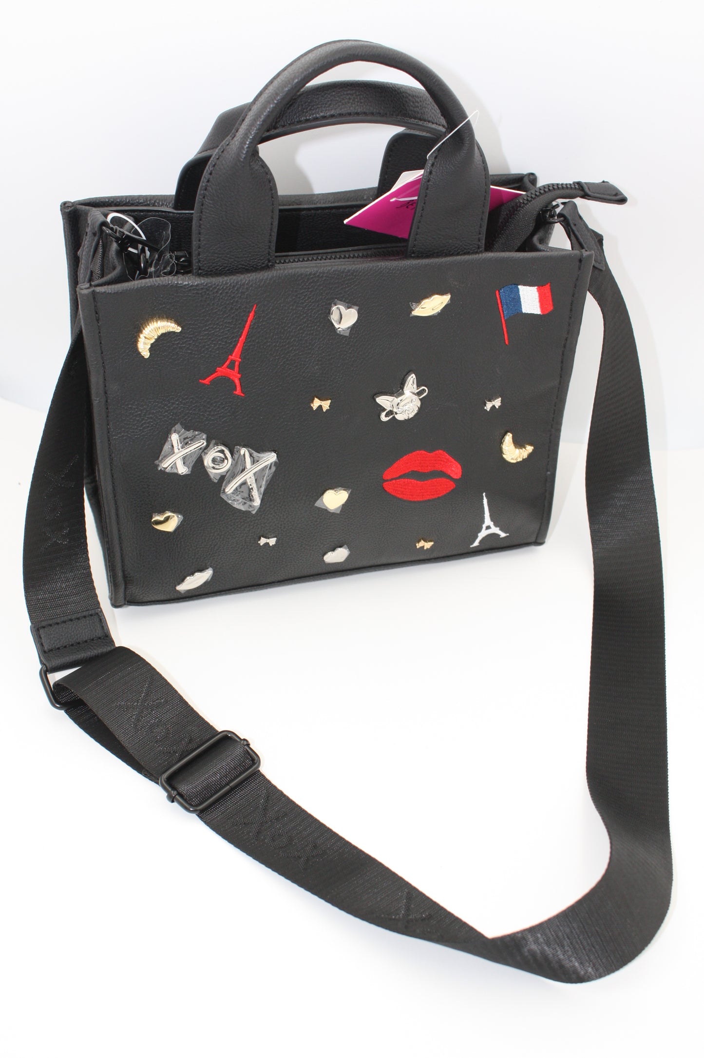 Betsey Johnson Xonora Embossed Charm Tote, Paris Theme, Eiffel tower– Black, New