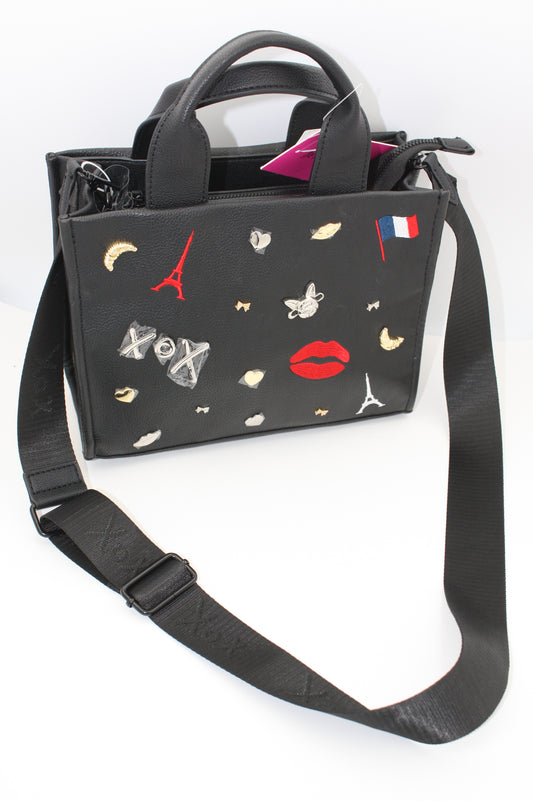 Betsey Johnson Xonora Embossed Charm Tote, Paris Theme, Eiffel tower– Black, New