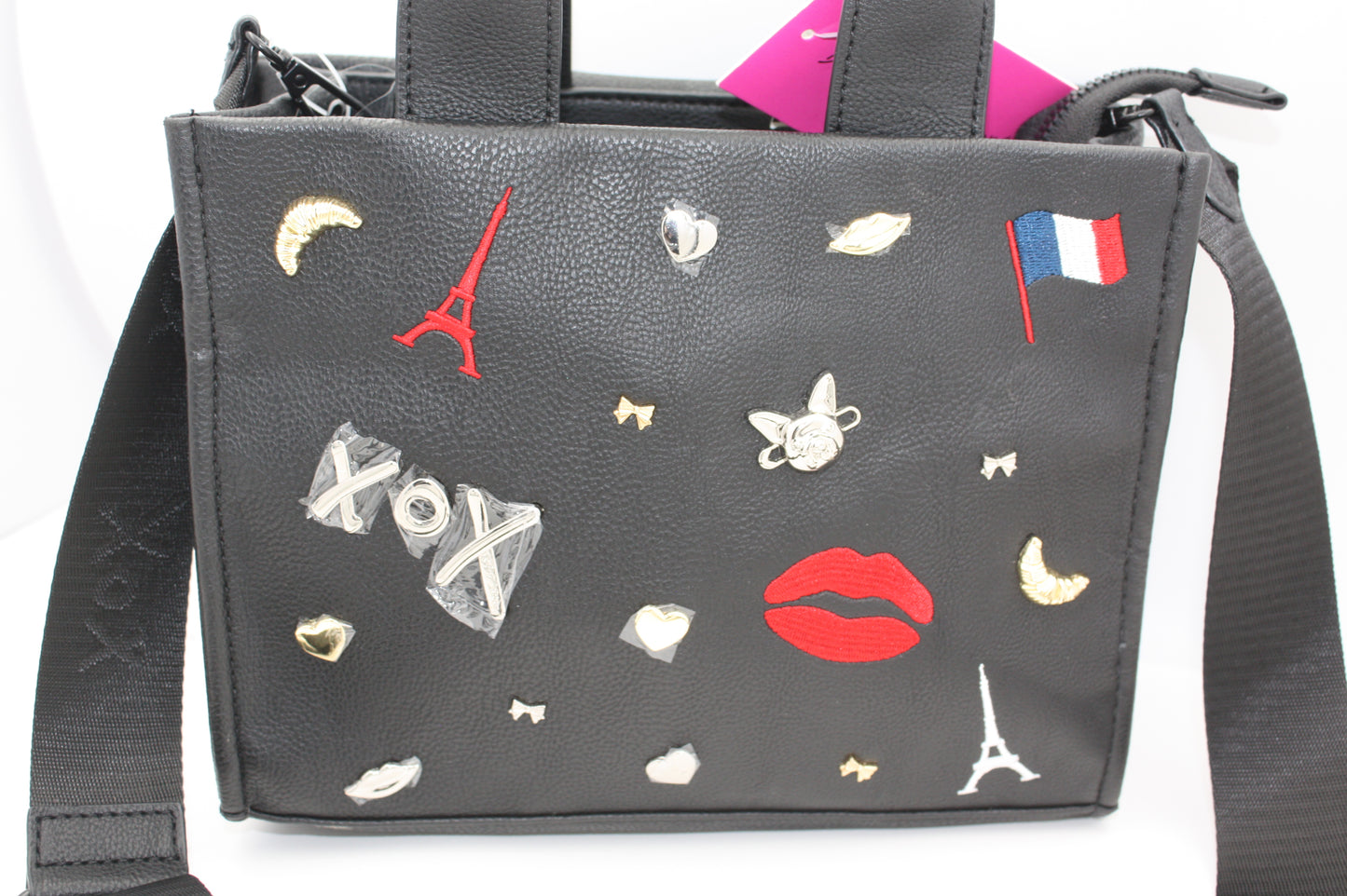 Betsey Johnson Xonora Embossed Charm Tote, Paris Theme, Eiffel tower– Black, New