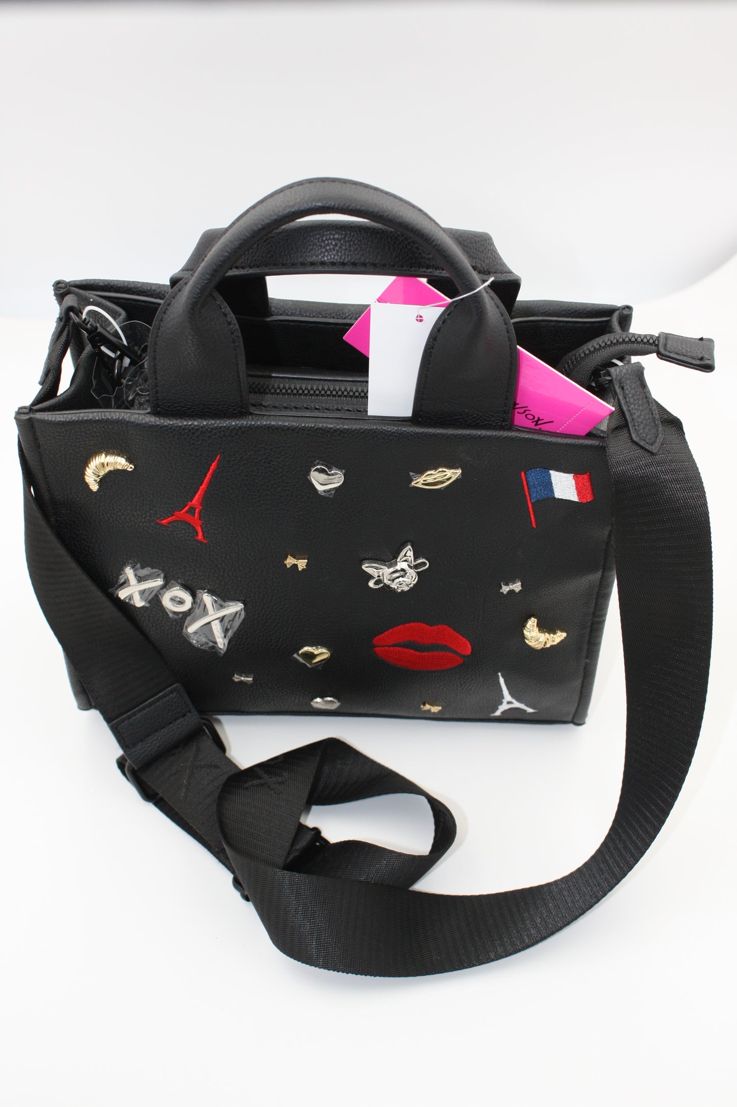 Betsey Johnson Xonora Embossed Charm Tote, Paris Theme, Eiffel tower– Black, New