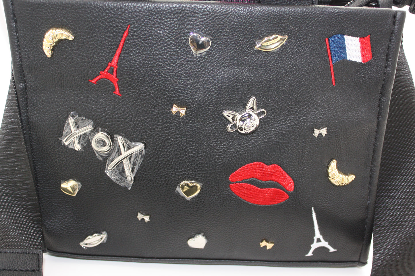 Betsey Johnson Xonora Embossed Charm Tote, Paris Theme, Eiffel tower– Black, New