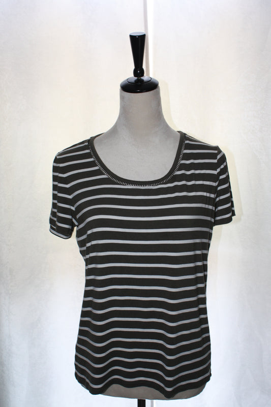 Tommy Hilfiger Olive & White Striped Tee, Women's, Size M, Pre-Owned