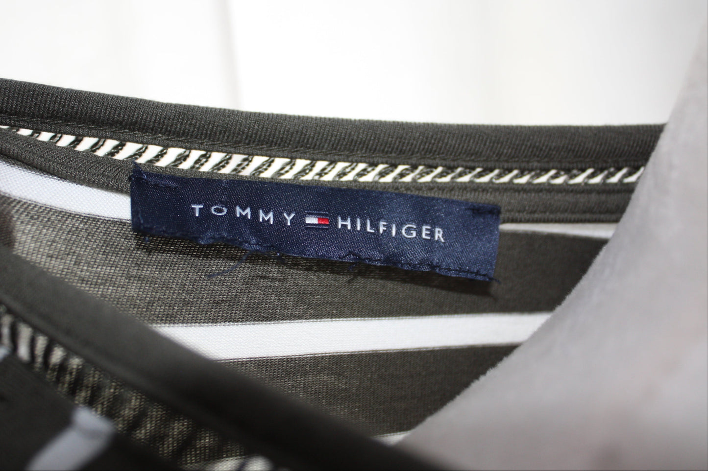 Tommy Hilfiger Olive & White Striped Tee, Women's, Size M, Pre-Owned