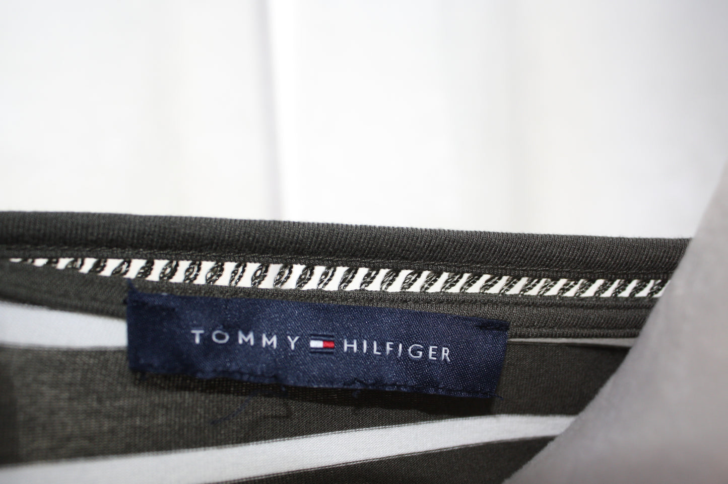 Tommy Hilfiger Olive & White Striped Tee, Women's, Size M, Pre-Owned