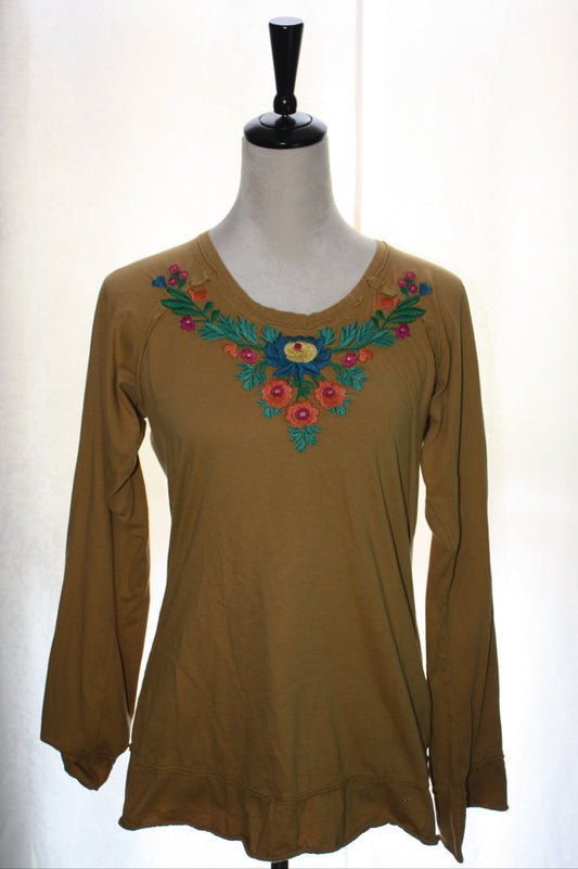 Boho Embroidered “Love” Mustard Long Sleeve Tee, Women's, Size L, Pre-Owned
