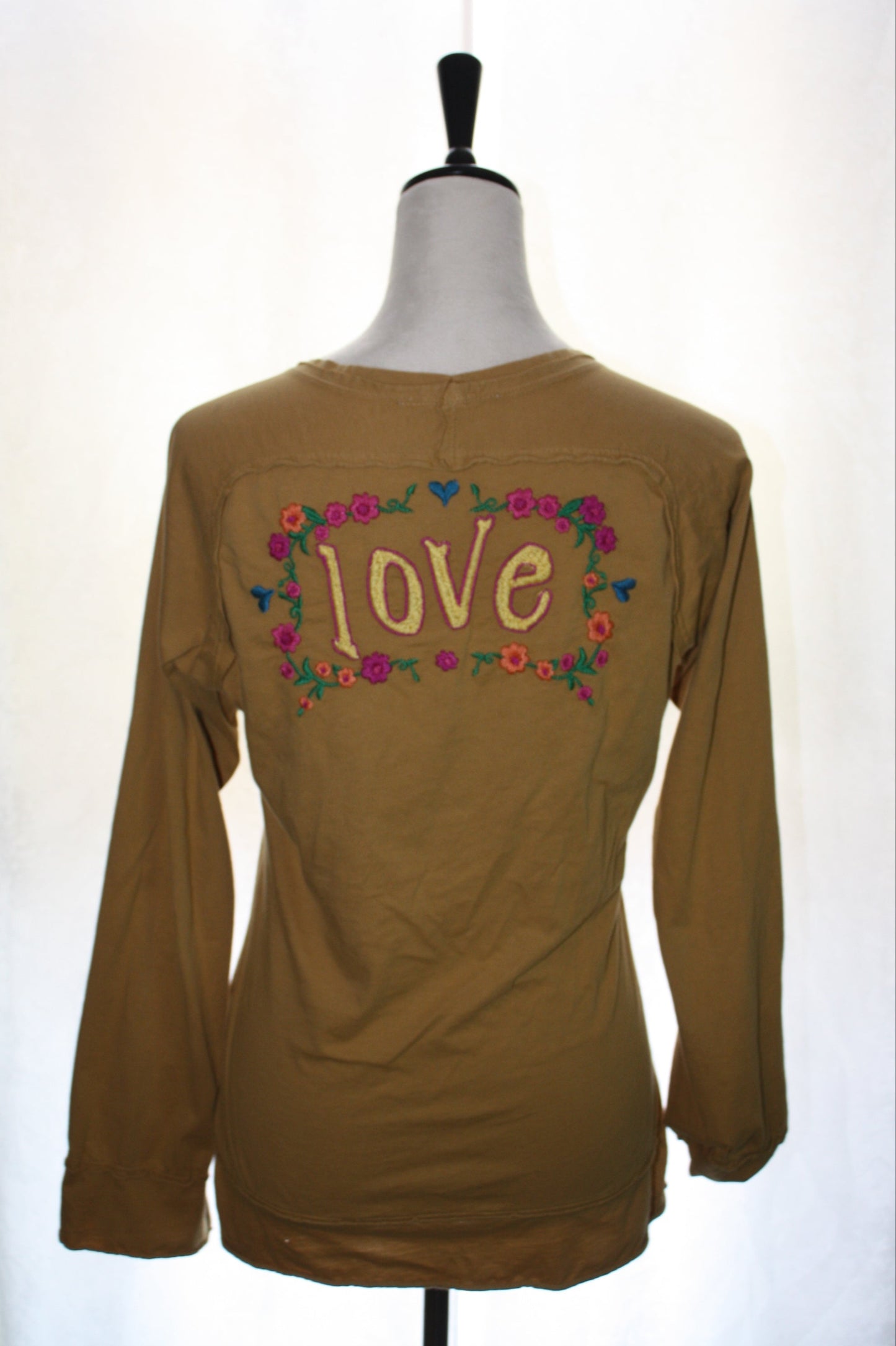 Boho Embroidered “Love” Mustard Long Sleeve Tee, Women's, Size L, Pre-Owned