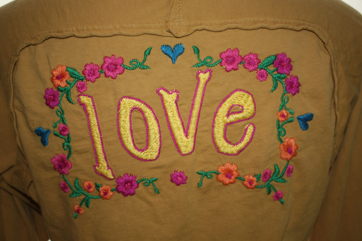 Boho Embroidered “Love” Mustard Long Sleeve Tee, Women's, Size L, Pre-Owned