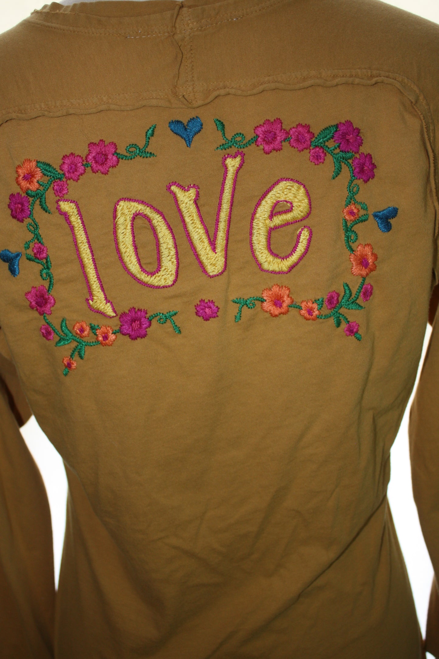 Boho Embroidered “Love” Mustard Long Sleeve Tee, Women's, Size L, Pre-Owned