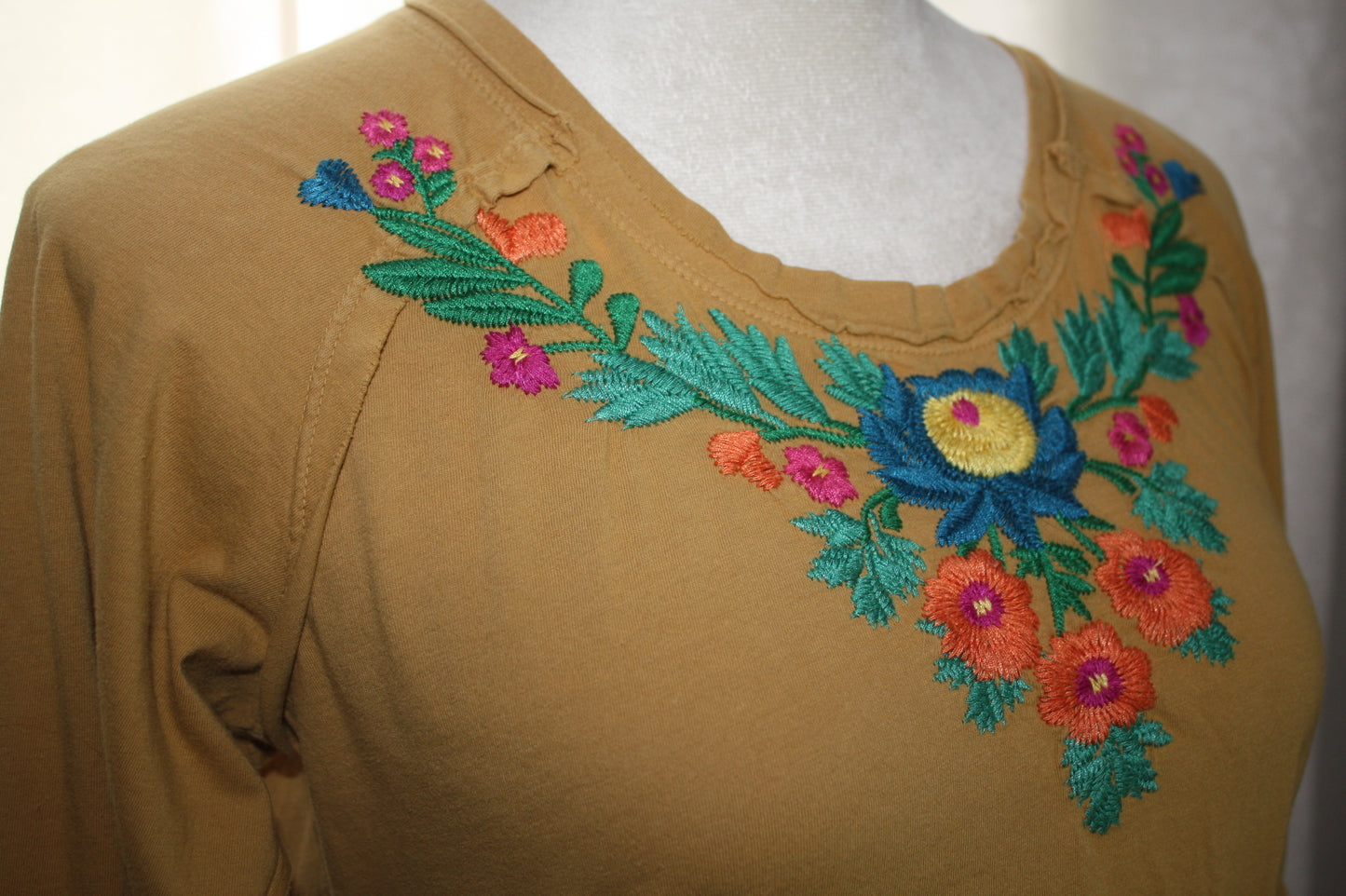 Boho Embroidered “Love” Mustard Long Sleeve Tee, Women's, Size L, Pre-Owned