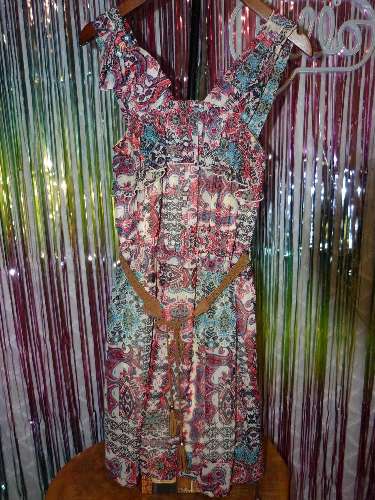 Boho Ruffle Sleeve Paisley Print Dress with Braided Belt, Size M, Pre-Owned