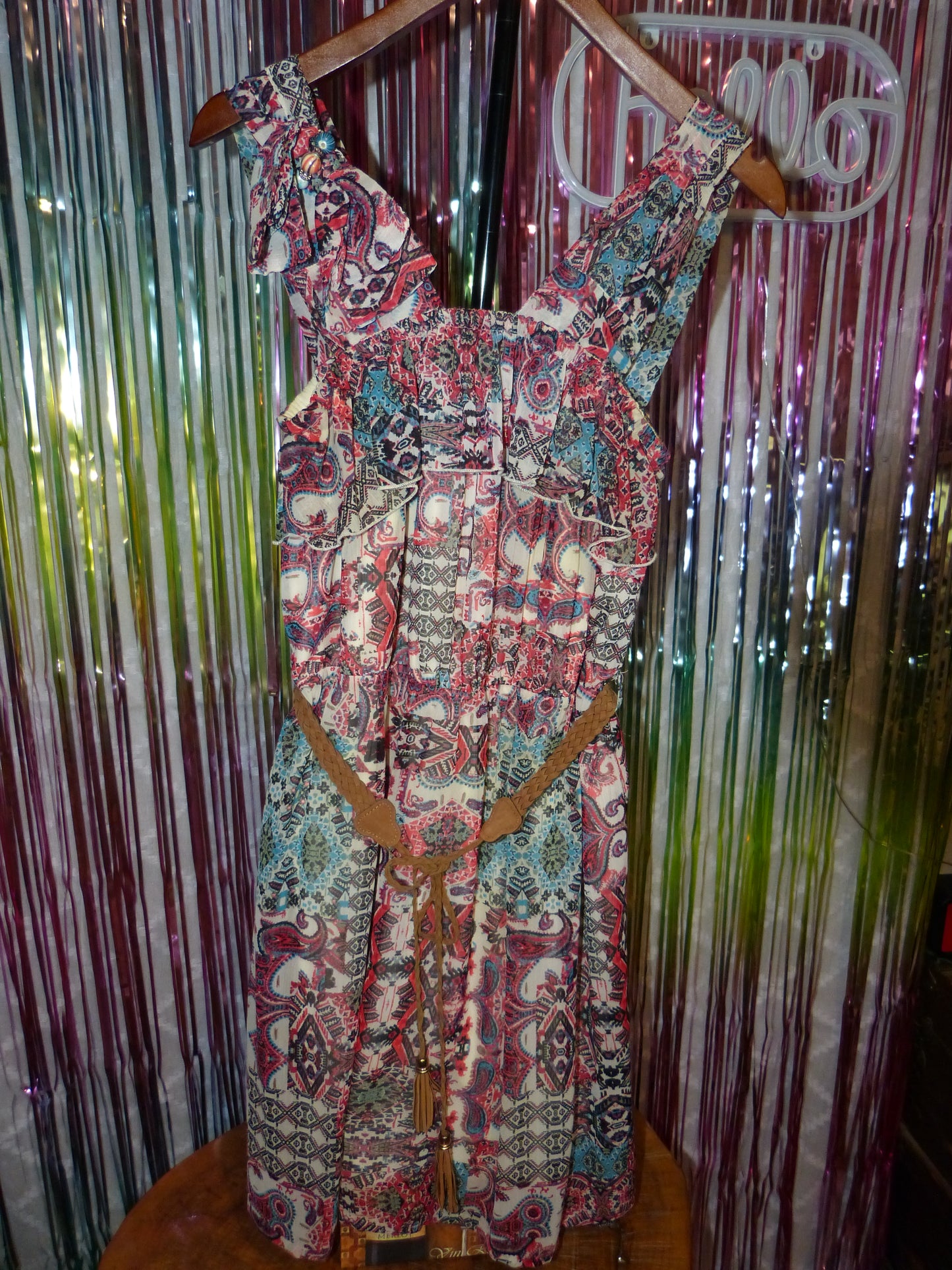 Boho Ruffle Sleeve Paisley Print Dress with Braided Belt, Size M, Pre-Owned