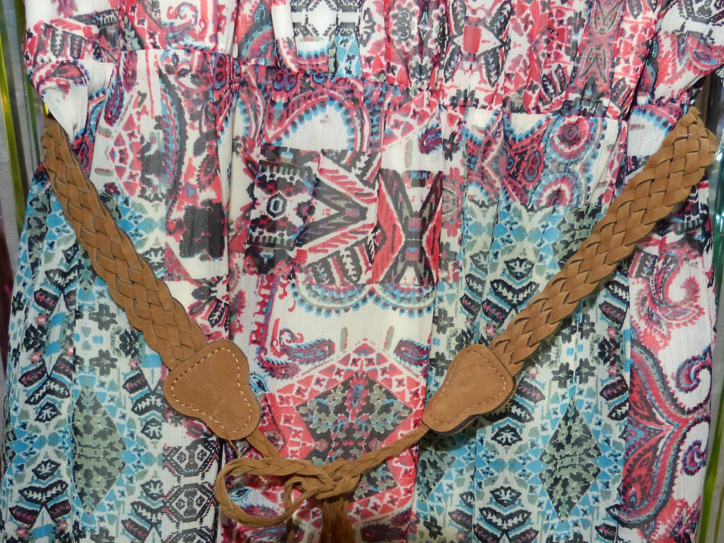 Boho Ruffle Sleeve Paisley Print Dress with Braided Belt, Size M, Pre-Owned