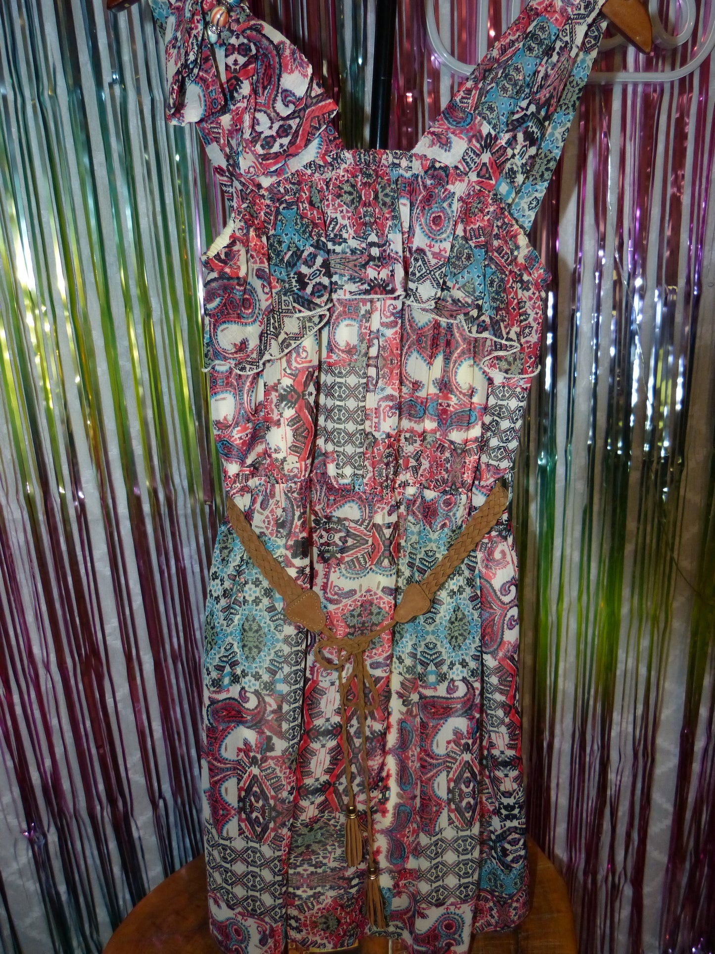 Boho Ruffle Sleeve Paisley Print Dress with Braided Belt, Size M, Pre-Owned