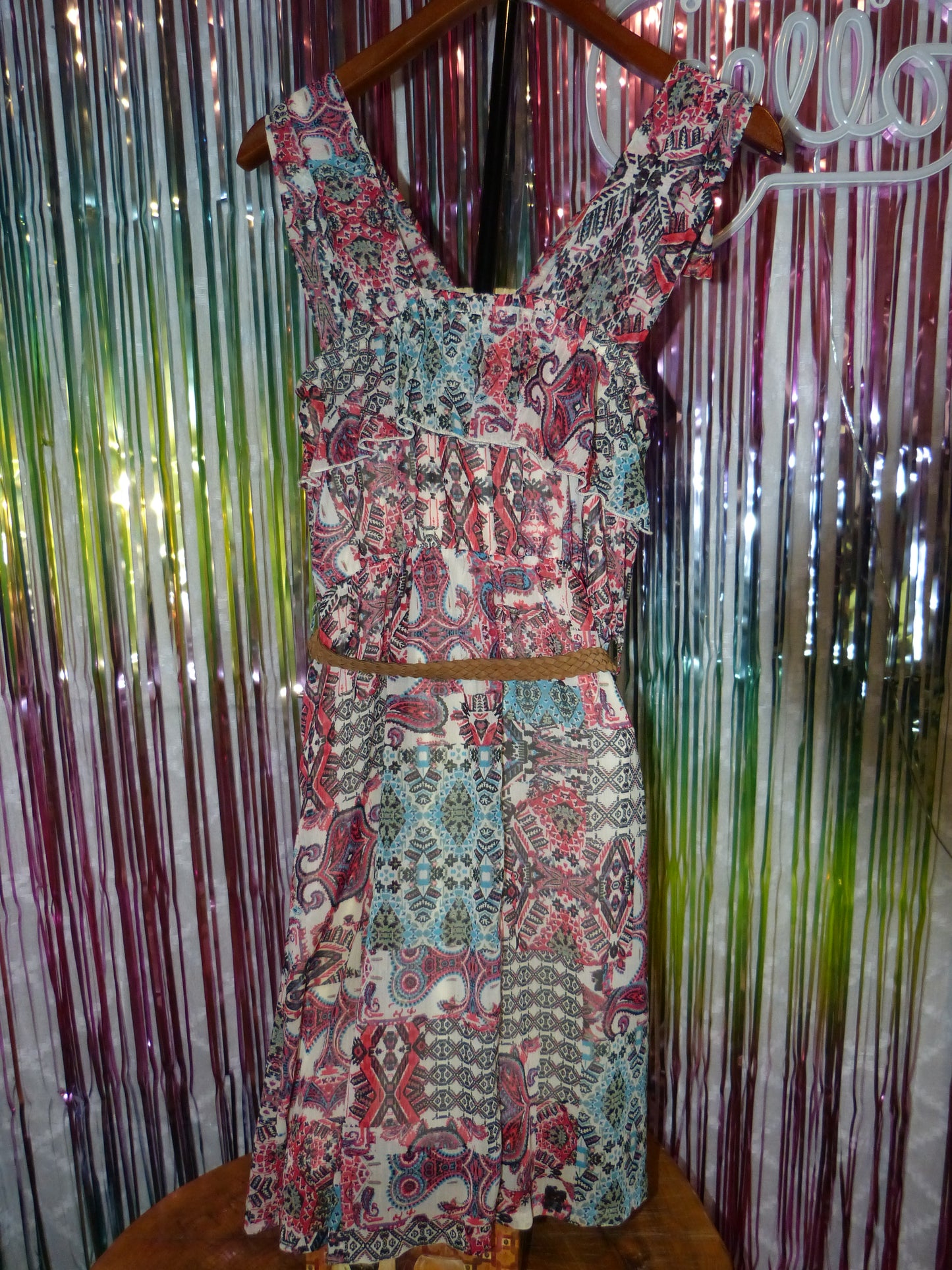 Boho Ruffle Sleeve Paisley Print Dress with Braided Belt, Size M, Pre-Owned