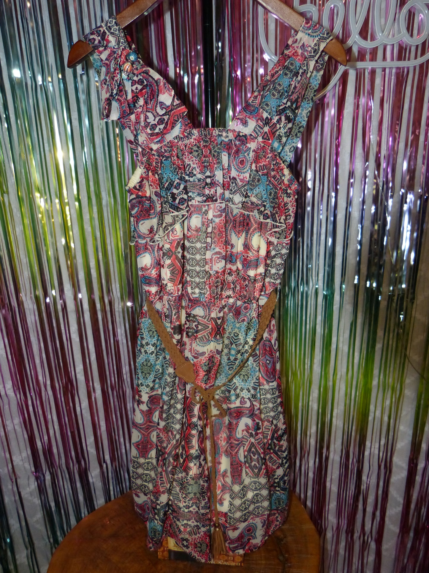 Boho Ruffle Sleeve Paisley Print Dress with Braided Belt, Size M, Pre-Owned