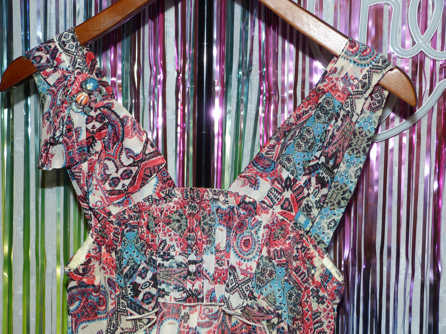 Boho Ruffle Sleeve Paisley Print Dress with Braided Belt, Size M, Pre-Owned
