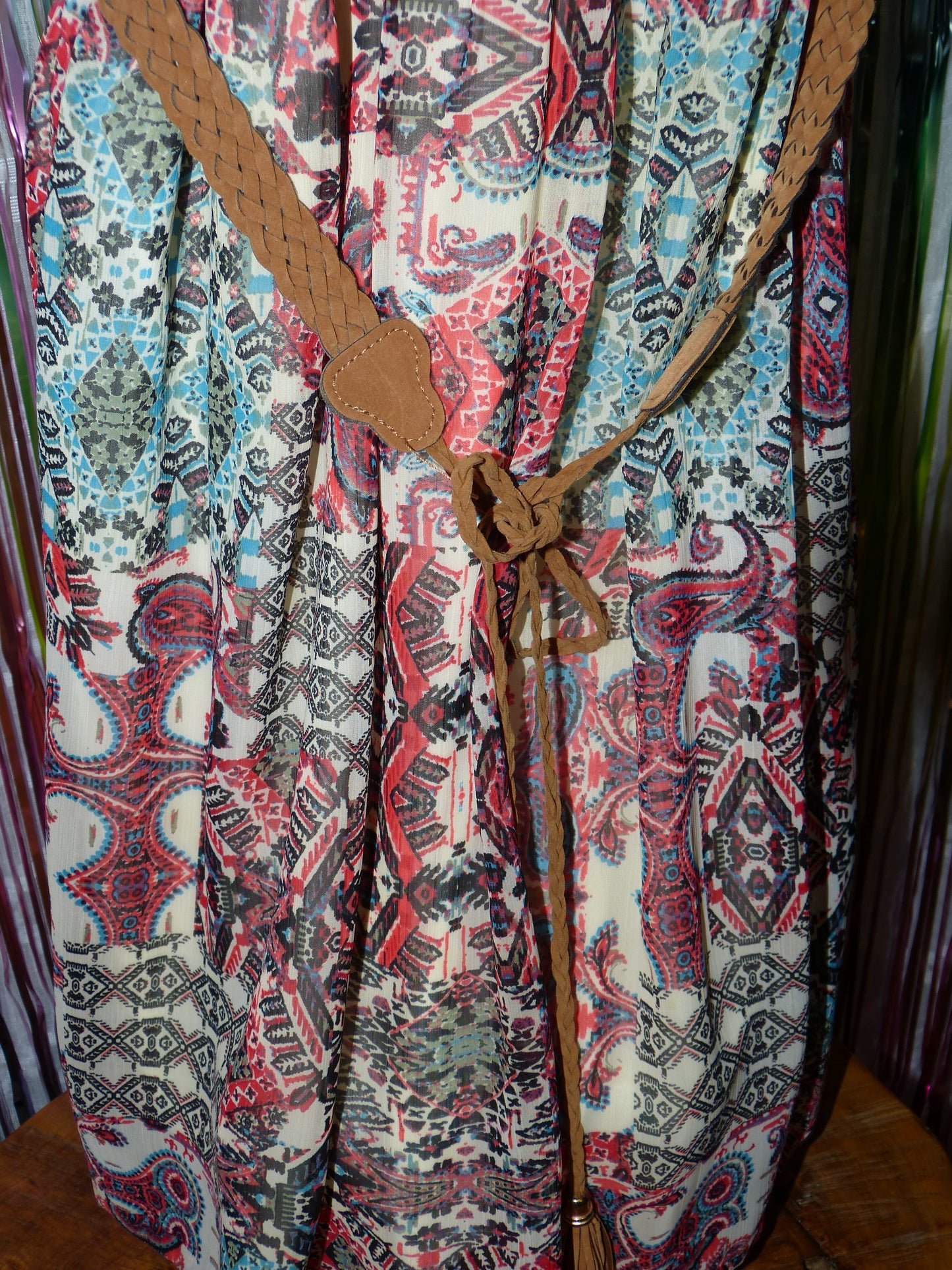 Boho Ruffle Sleeve Paisley Print Dress with Braided Belt, Size M, Pre-Owned