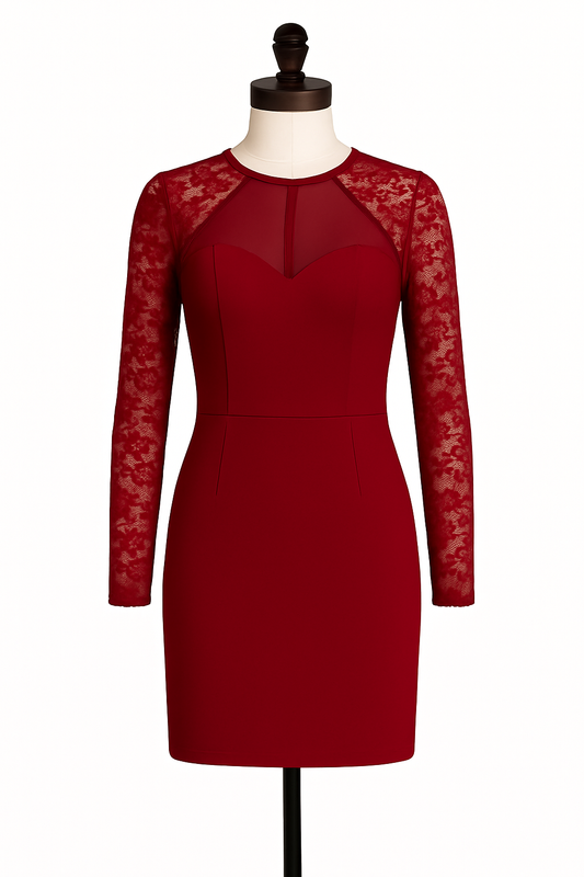 Guess Long Sleeve Lace Sweetheart Sheath Dress, Women's, Burgundy, Size 12, Pre-Owned