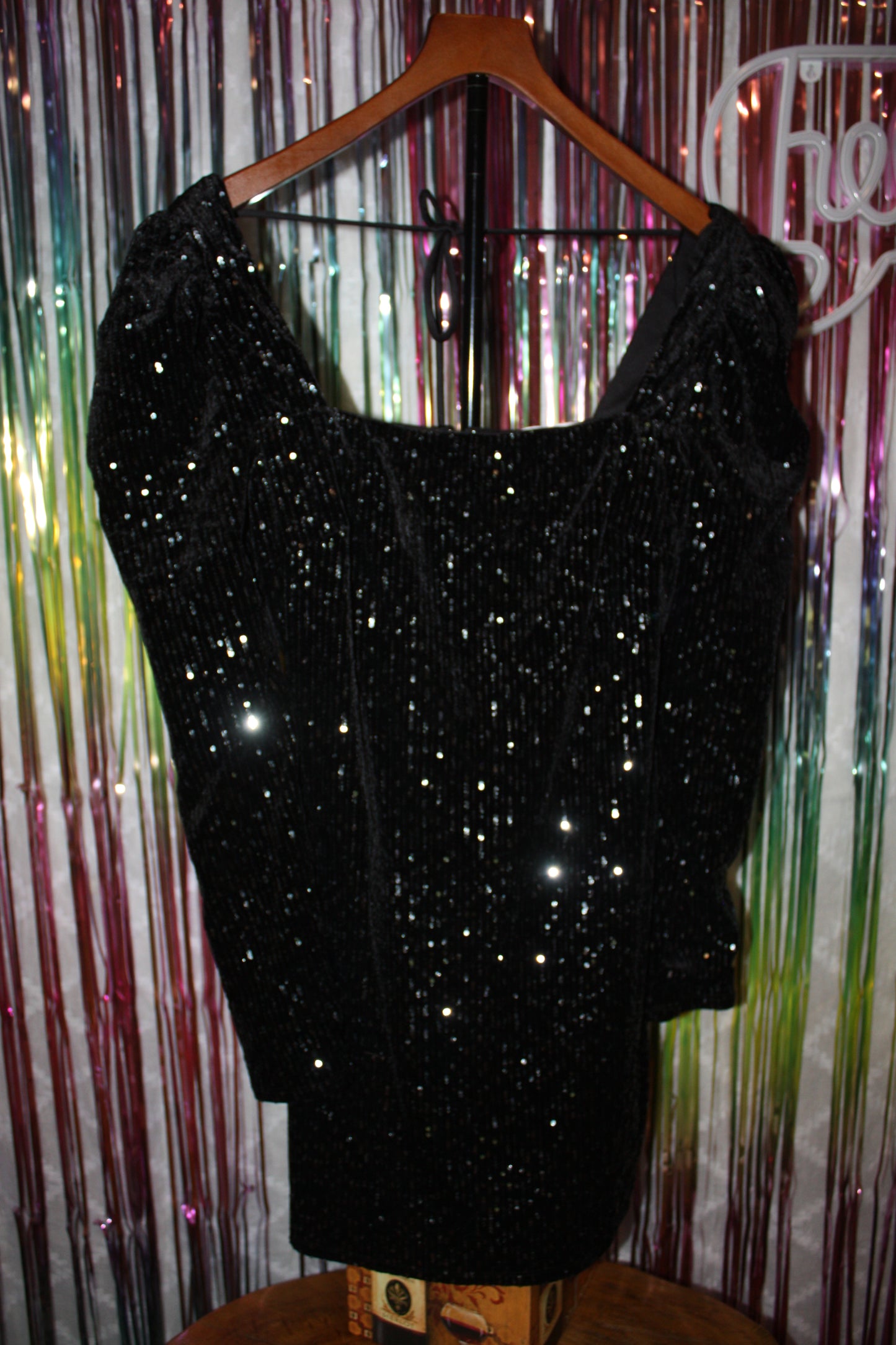 Francesca's NWT Joann Sequin Long Sleeve Velvet Dress, Black, Size Large, New